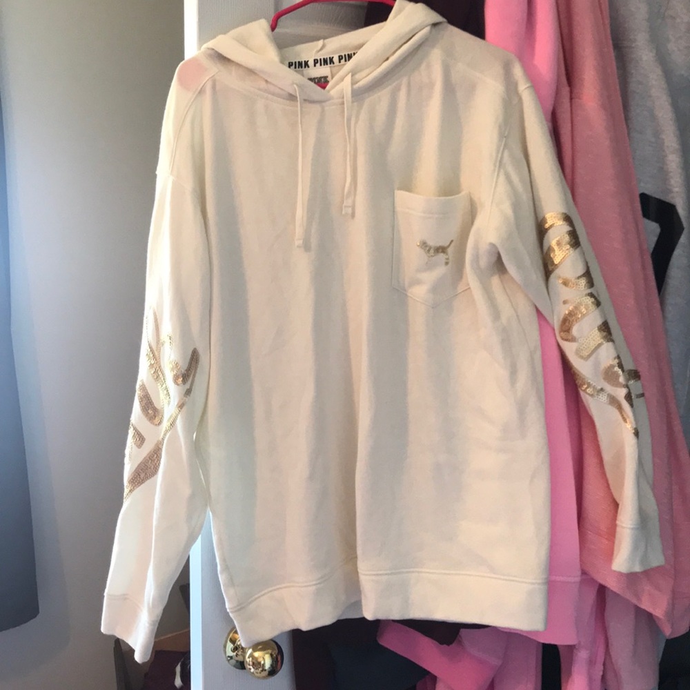PINK off white with gold sparkle letters hoodie